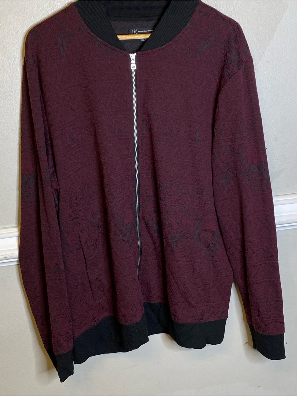 INC International Concepts Men's Burgundy Zip-Up Knit Jacket with Black Trim